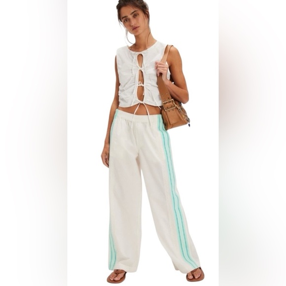 NWT Free  People Team Spirit Mid Rise Wide Leg Track Pants White / Aqua Size XL - Picture 1 of 3